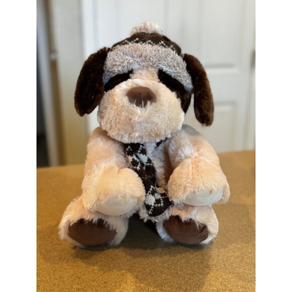 Hugfun International Super Soft Brown Beige Dog With Winter Hat Scarf - Picture 1 of 11